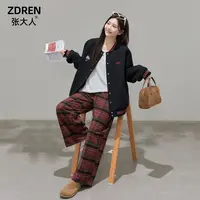 张大人【月落星河】大码女装微胖妹妹美式棒球服黑红格条纹裤套装