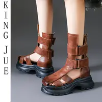 【王爵/】头层牛皮镂空凉靴6厘米罗马鞋夏季外穿高级感英伦中筒包头