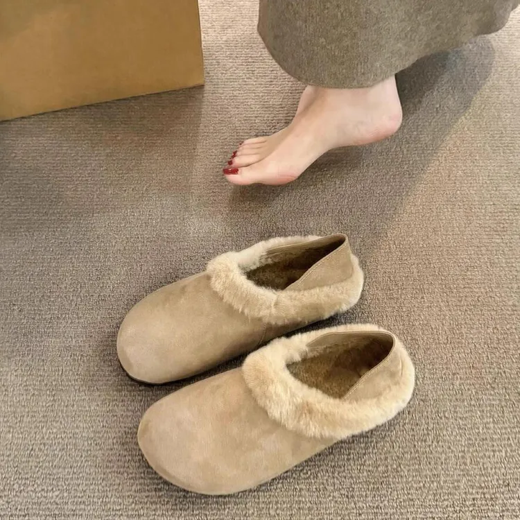 勃肯鞋女2025新款秋冬加绒复古毛毛半拖女丑萌懒人一脚蹬两穿棉鞋