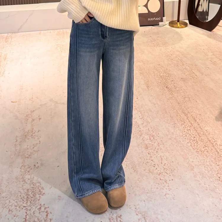 宿慕SUMU 时尚设计款加绒加厚阔腿牛仔裤11-11冬季牛仔长裤35105