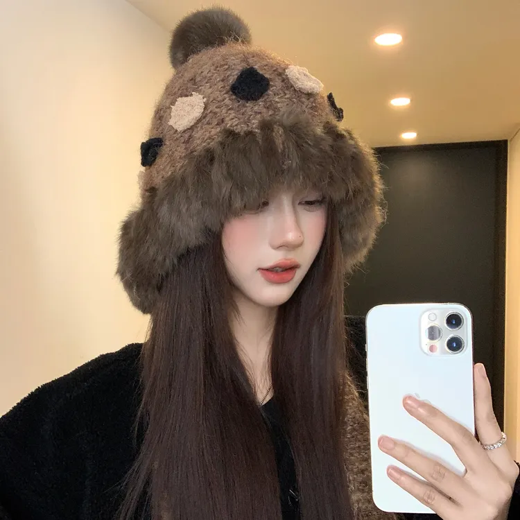 秋冬季兔毛保暖护耳显脸小帽子女防寒加厚绑带毛茸茸雷锋帽针织帽