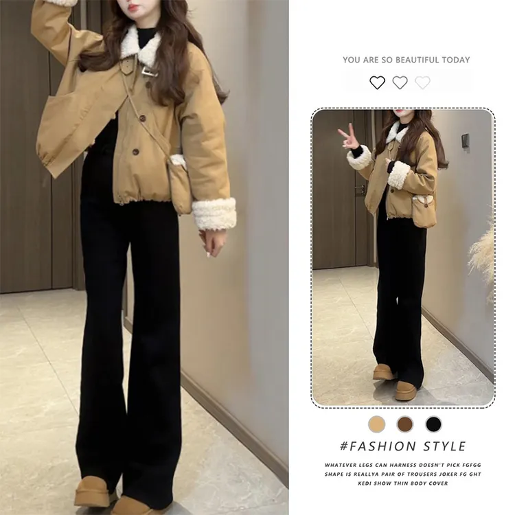 韩系复古美拉德翻领短款外套女冬季加绒美式小个子机车羊羔毛夹克