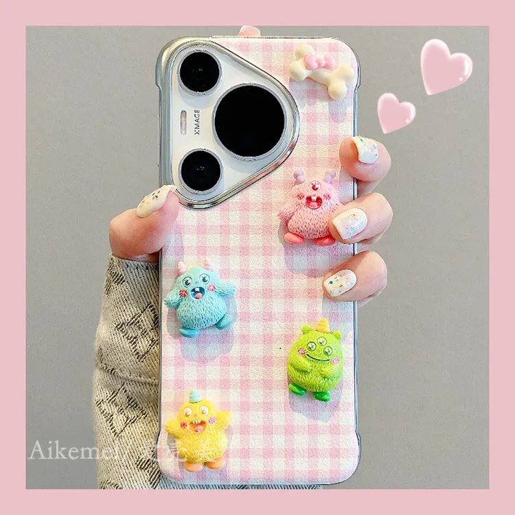 适用华为pura70pro+手机壳卡通粉色格纹mate60pro+彩色立体小怪兽