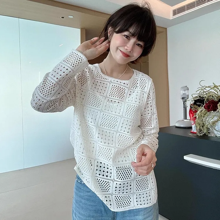 设计感镂空长袖t恤女2025新款春秋薄款针织罩衫外搭宽松内搭上衣