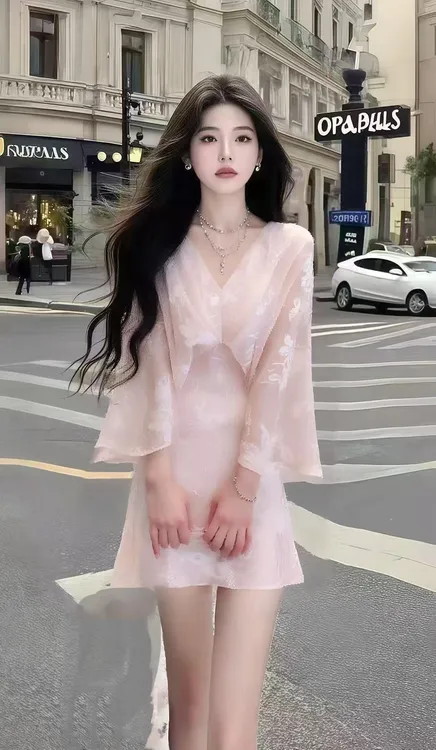 新款时尚轻奢优雅千金风粉色V领长袖修身连衣裙女仙气氛围感短裙