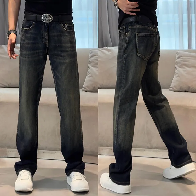 欧货轻奢水洗复古做旧蓝色直筒牛仔裤男士秋季新款百搭宽松阔腿裤