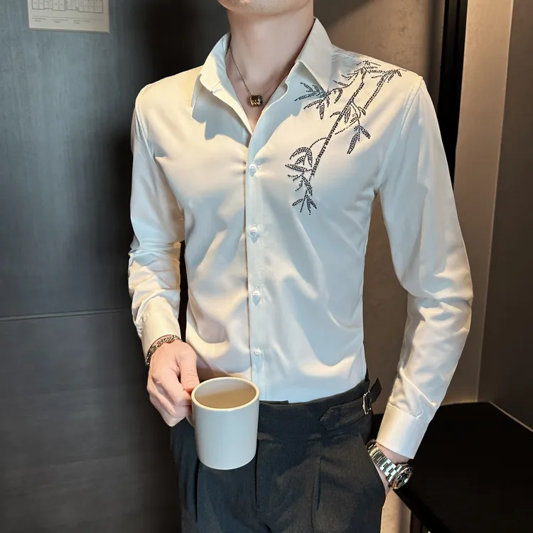 高级感烫钻长袖衬衫男装秋季新款潮流痞帅网红休闲男士韩版衬衣