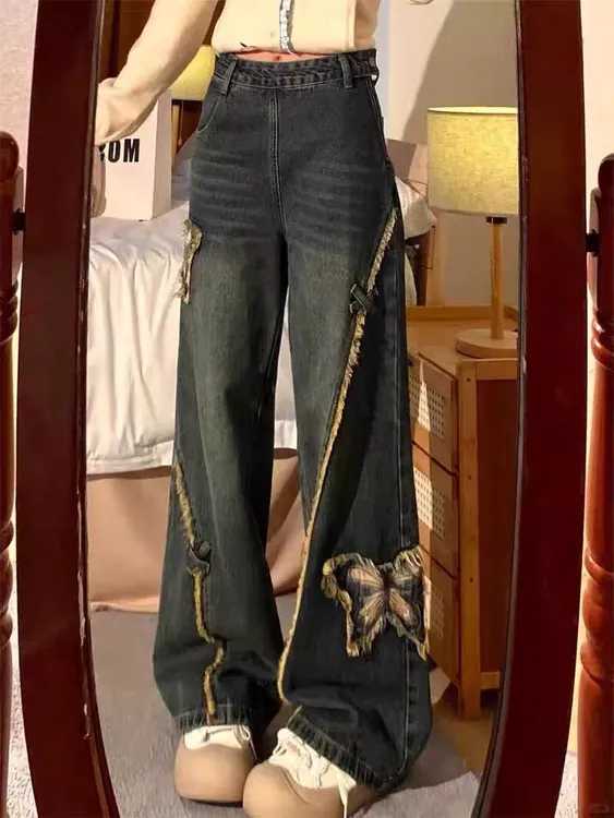 蝴蝶刺绣侧边拉链牛仔裤女春夏季美式高街拖地阔腿裤花边弯刀裤子
