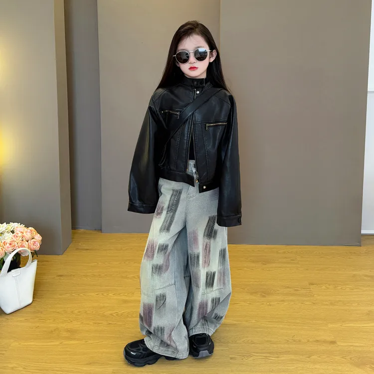 女童2025新款中大童春秋季韩版时尚酷飒皮夹克牛仔阔腿裤两件套潮