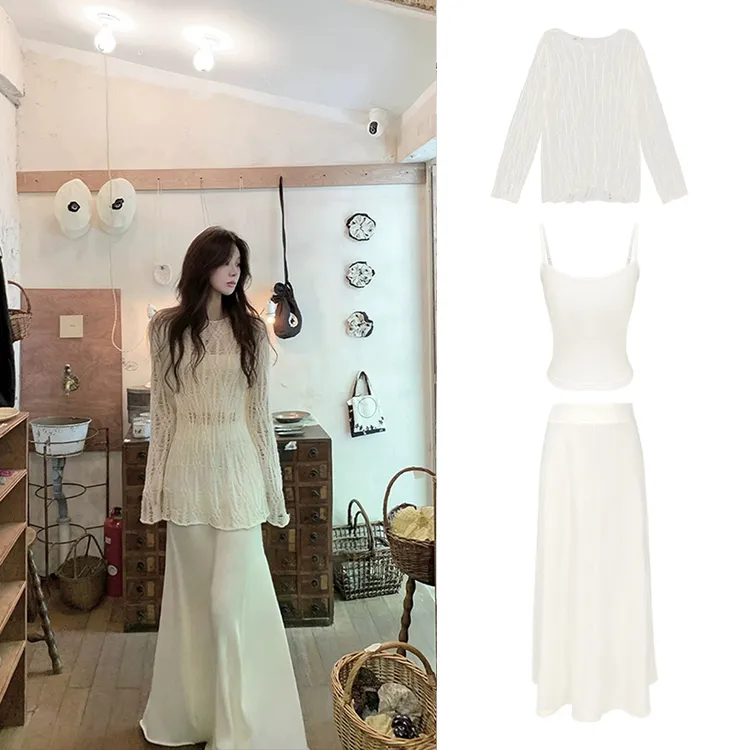 【涟漪织梦 】菱格纹镂空针织罩衫气质针织半身裙套装女C 9063#