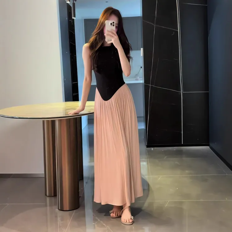 3922法式粉色拼接显瘦遮肚子藏肉夏季复古时尚设计高腰粉色裙子