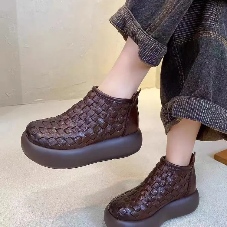 厚底复古短靴休闲松糕底头层牛皮编织款休闲风复古女鞋