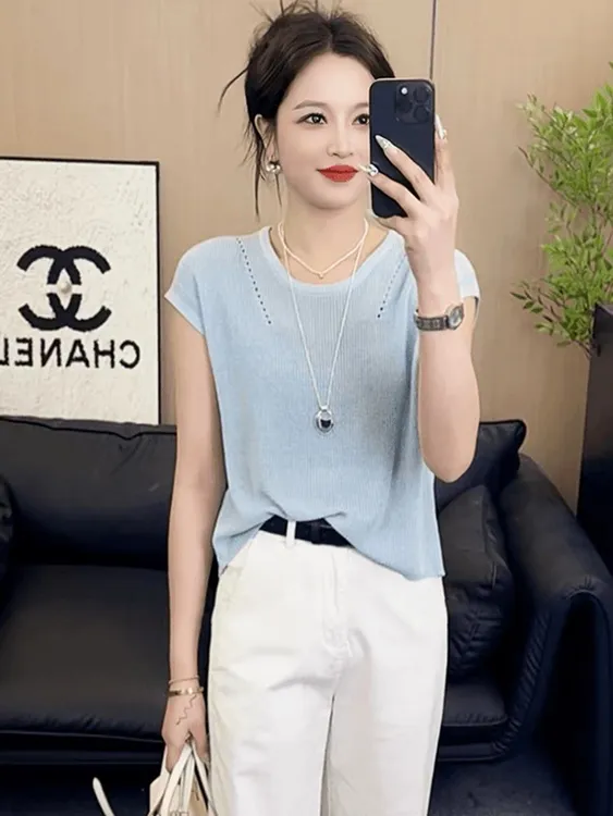 后背吸睛设计~简约气质针织衫夏季百搭合体显瘦短款上衣圆领短袖