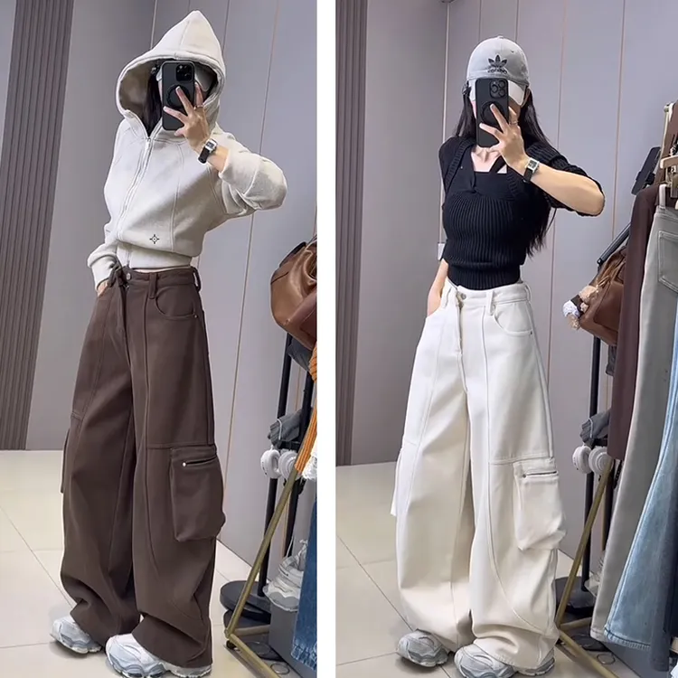 美拉德慵懒风阔腿工装裤女冬天2025新款宽松显瘦垂感加绒直筒裤子