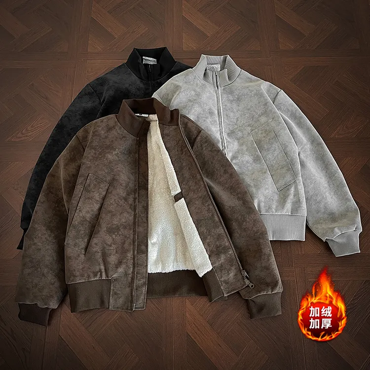 美式扎染加绒皮衣外套男秋冬加厚cleanfit飞行夹克痞帅潮牌棒球服