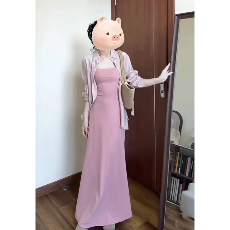 【B Y】甜美风轻奢长袖复古宽松衬衫法式方领收腰时尚吊带连衣裙女