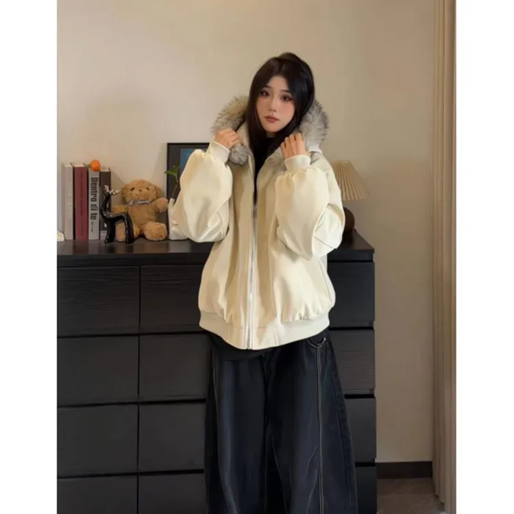 毛茸茸座山雕冬季保暖仿兔毛绒大毛领棉服男女加绒派克服夹克外套