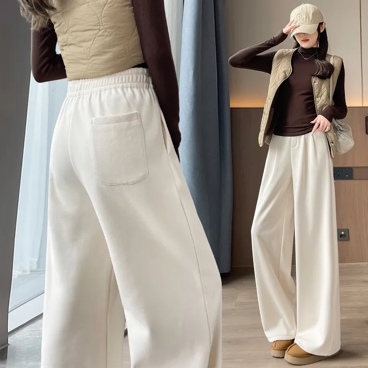 米白色糯米裤2025年春秋新款直筒冬加绒高腰垂感休闲宽松阔腿裤子