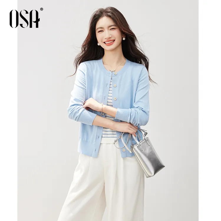 OSA盐系假两件条纹针织开衫女秋圆领时尚百搭气质衣服S125C16006