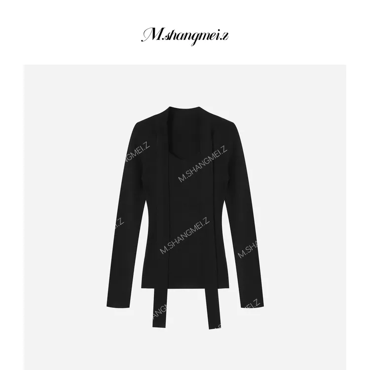M.SHANGMEI.Z/沐熙【织颈】美大哥轻奢舒适时尚飘带针织上衣X093006