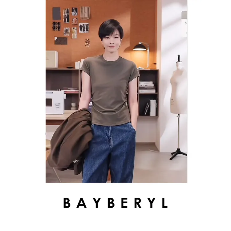 BAYBERYL老贝双C腰*收褶修身瘦圆领百搭夏短袖T恤NT5G0542