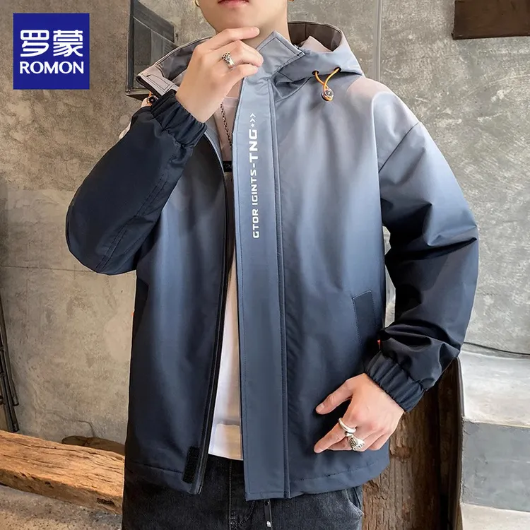 罗蒙男士渐变夹克2025秋季新款连帽骑行登山服休闲冲锋衣外套男装