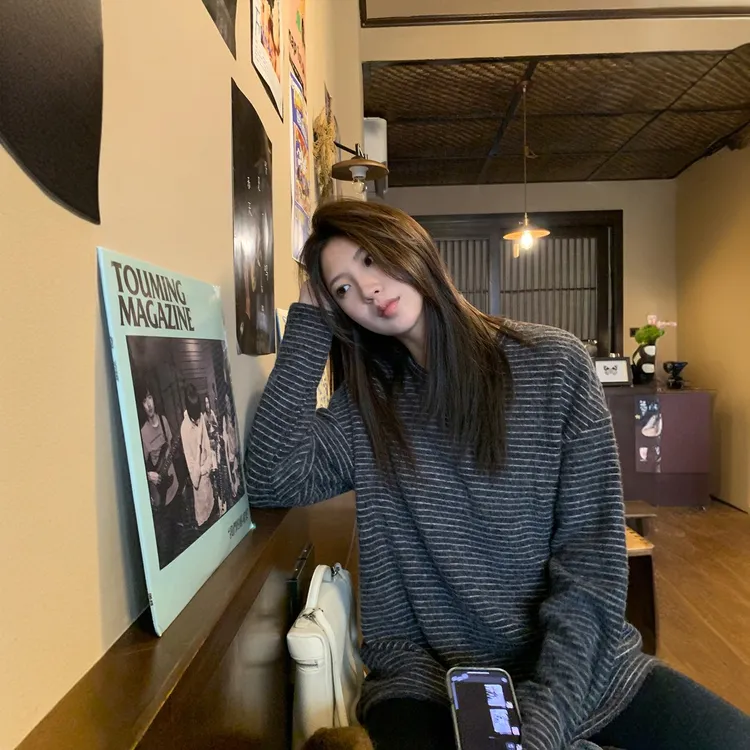 海盐奥利奥2.0 慵懒风磨毛绒加厚条纹长袖T恤女秋冬宽松打底上衣