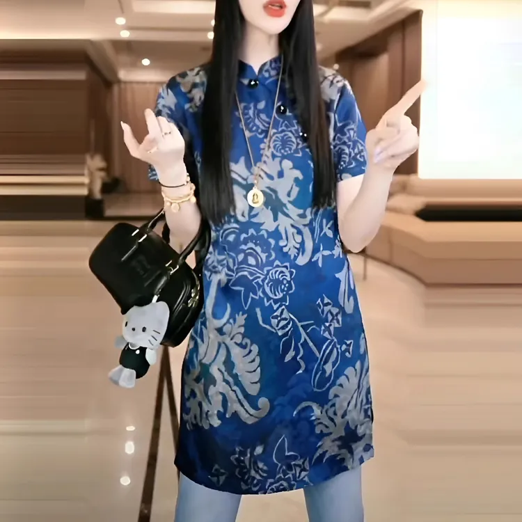 新中式国风青花瓷短袖旗袍裙衬衫女斜襟复古时尚小衫上衣