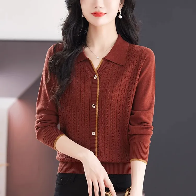 莱赛尔天丝春装新款女针织衫上衣洋气polo小衫翻领毛衣打底衫毛衣