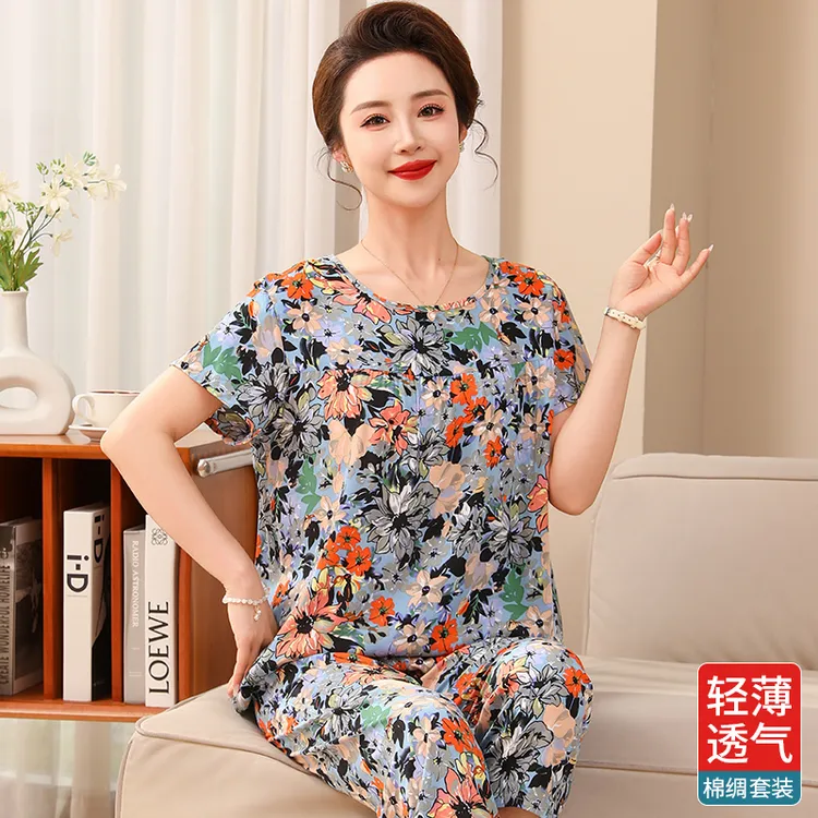 妈妈棉绸睡衣女2025年新款中老年家居服可外穿薄绵绸短袖两件套夏