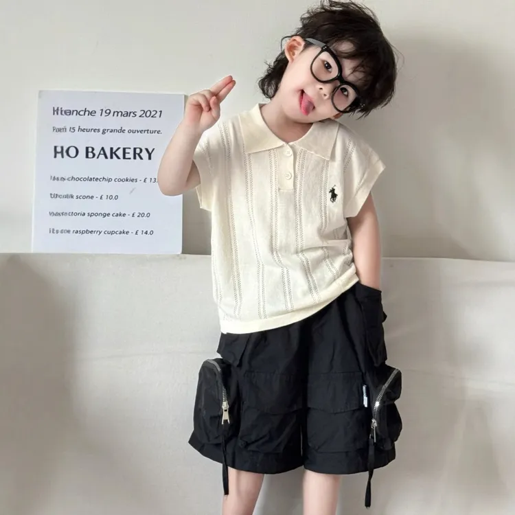 夏季儿童上衣老钱风polo衫短袖镂空莱赛尔刺绣男女童洋气透气童装