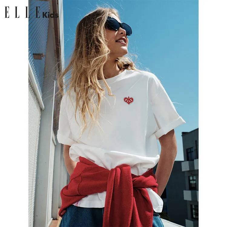 ELLE KIDS 80S抗皱液氨绣花短袖T恤女童夏季新款烫珠宽松上衣A1