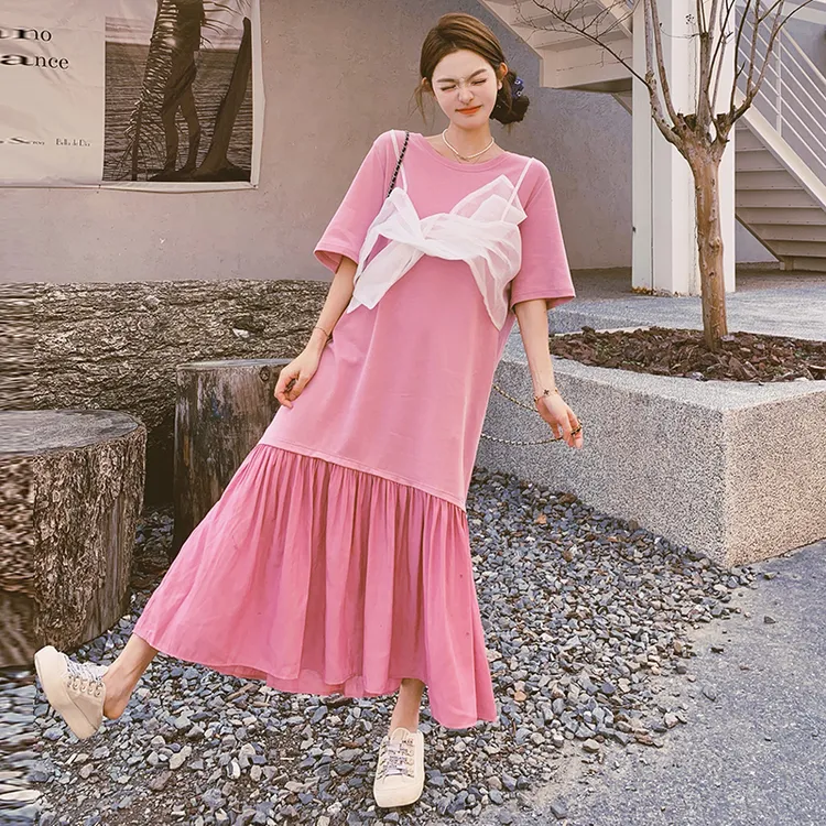 长裙中腰套头学院风拼接连衣裙挂脖式T恤裙少女风大码显瘦气质