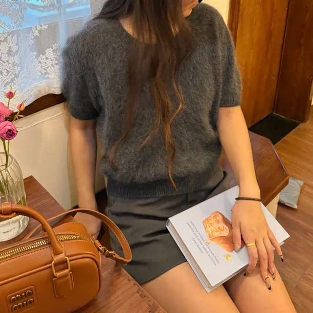 【220g】短袖拉毛款U型领羊毛羊绒水洗拉毛高克重百搭毛衣针织衫