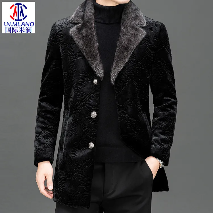 男士中长款皮毛一体貂绒外套毛呢翻领男休闲加厚中年冬季保暖男装