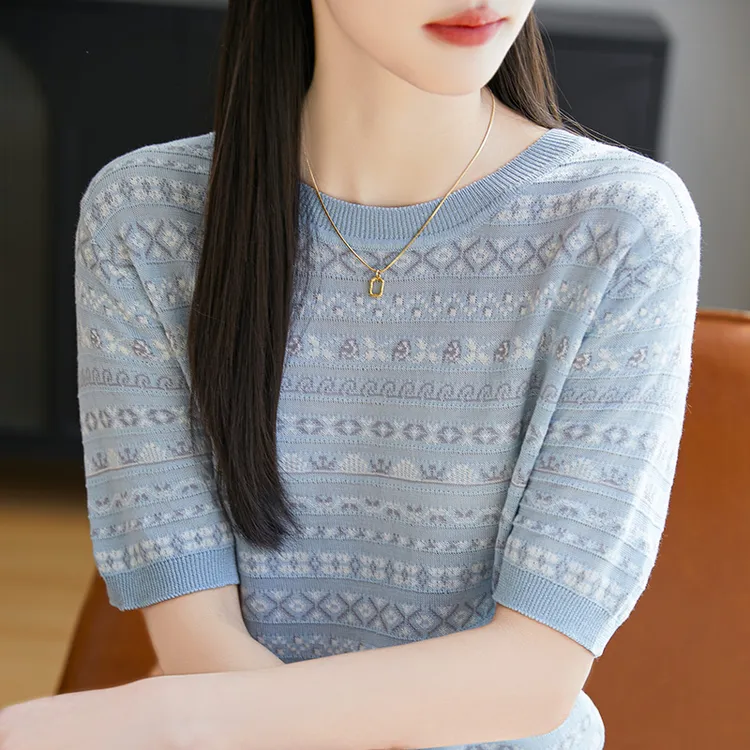 小香风时尚镂空针织薄款短袖T恤2025新款欧货洋气小衫套头上衣背