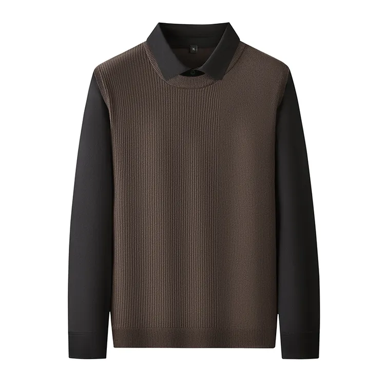 秋冬男士时尚轻奢潮流衬衫领修身长袖商务休闲针织假两件打底衫FP