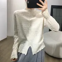 新款欧根纱蕾丝半高领打底衫珍珠扣点缀温婉优雅精致显瘦278