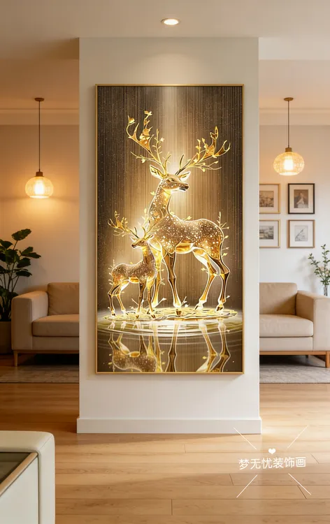 福鹿生财入户玄关装饰画大气寓意轻奢高档走廊壁画一鹿高升