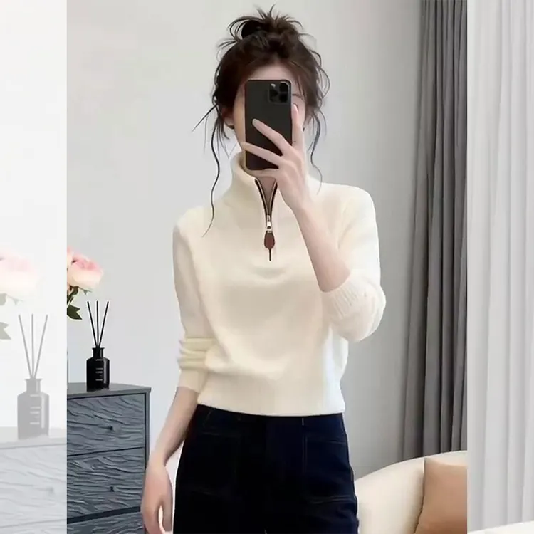 独特漂亮白色针织小衫外出新款拉链高领毛衣女装秋冬洋气高贵上衣