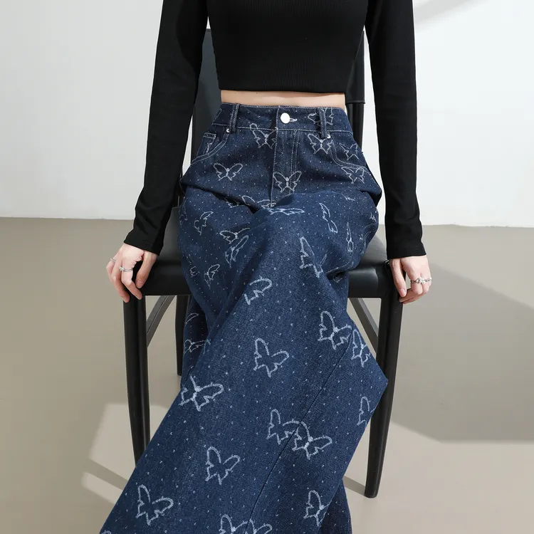 蝴蝶印花阔腿牛仔裤女2025春秋新款高腰宽松显瘦垂感直筒拖地裤子