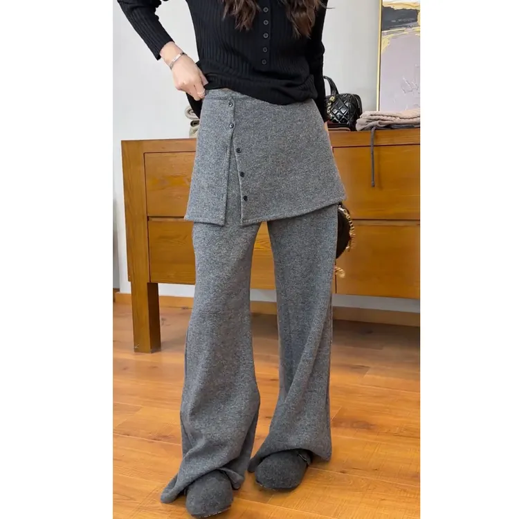 艾塔莉假两件直筒裤气质百搭休闲裤子冬季新款女梨形身材大码长裤