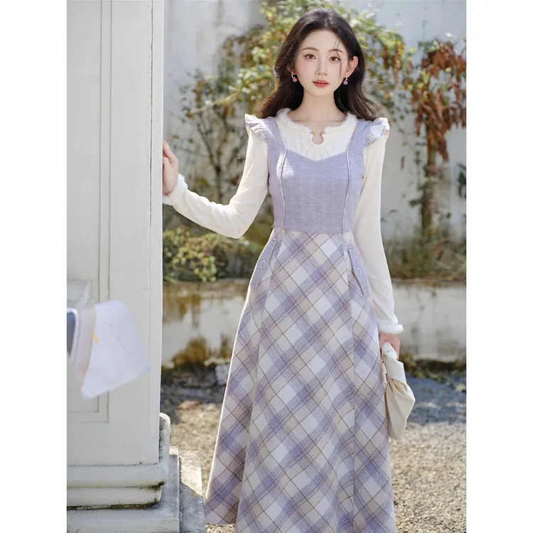 紫薯奶昔法式温柔风拼接毛呢格子吊带裙＋打底针织衫两件套装1227