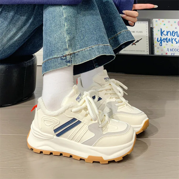 人本情侣款老爹鞋鞋子女款秋冬百搭休闲鞋加棉加绒舒适保暖小白鞋