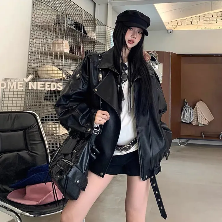 机车皮衣外套女2025早秋新款酷飒风黑色宽松bf美式水洗皮超火夹克