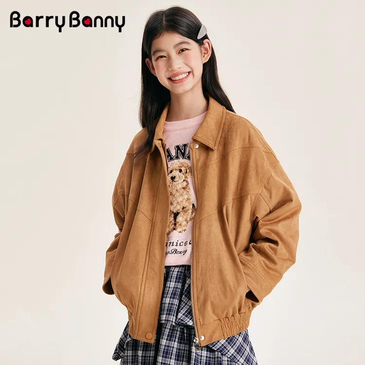 BarryBanny女童落肩夹克外套儿童洋气休闲大童宽松鹿皮绒韩版外套