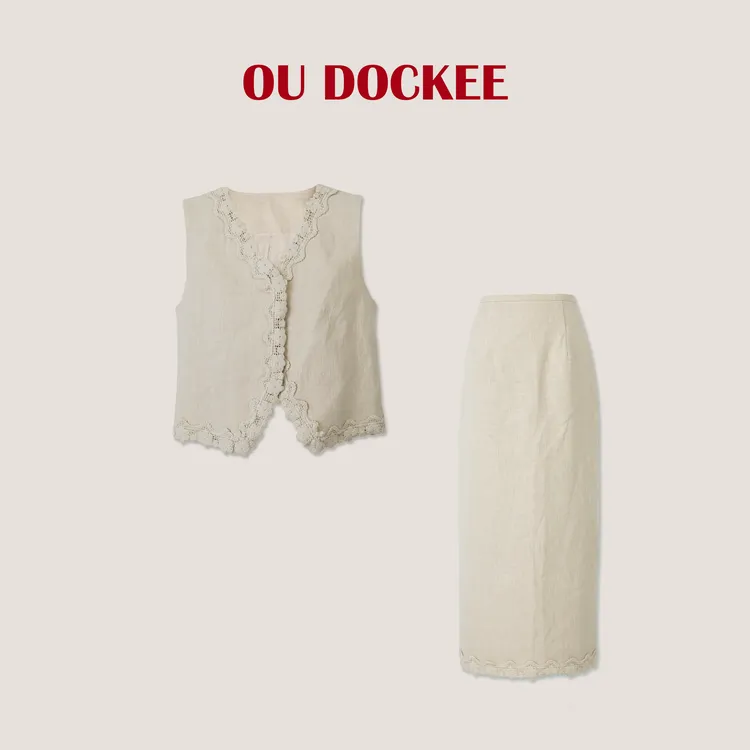 OUDOCKEE 鸥鸥【苎麻】米色套装时尚气质马甲＋半身裙 E2502F211T