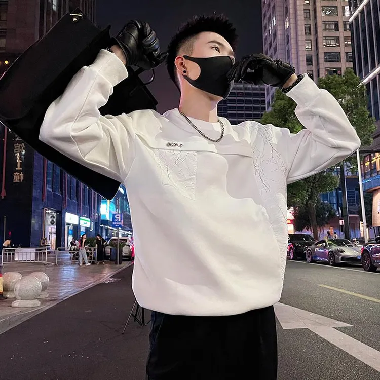 灏吉弧高级感卫衣男款春秋潮牌拼接长袖上衣2025新款男士打底衫