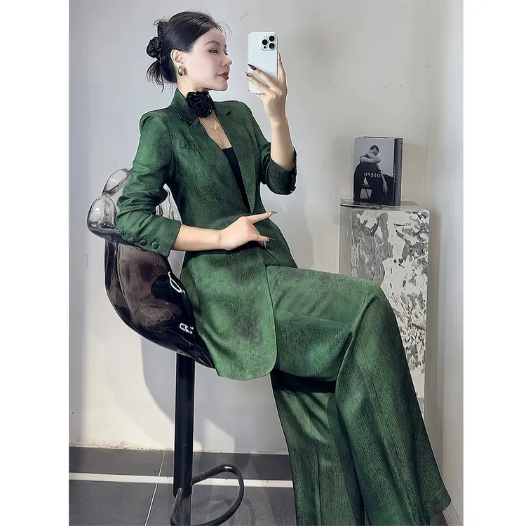 通勤套装女2025春夏新款设计感复古提花收腰西服长裤纯色两件套女