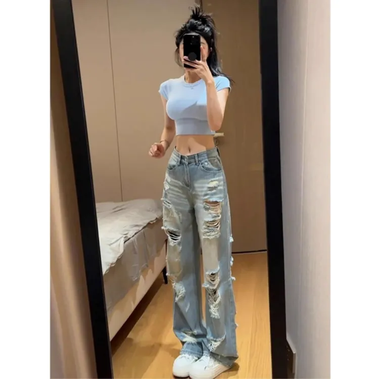 大码美式复古破洞阔腿牛仔裤女2025春季新款宽松高腰显瘦拖地裤子